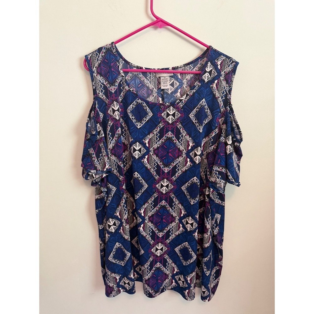 Catherines Blue Purple Geometric Tribal Cold Shoulder Top Blouse 2X 22W 24W